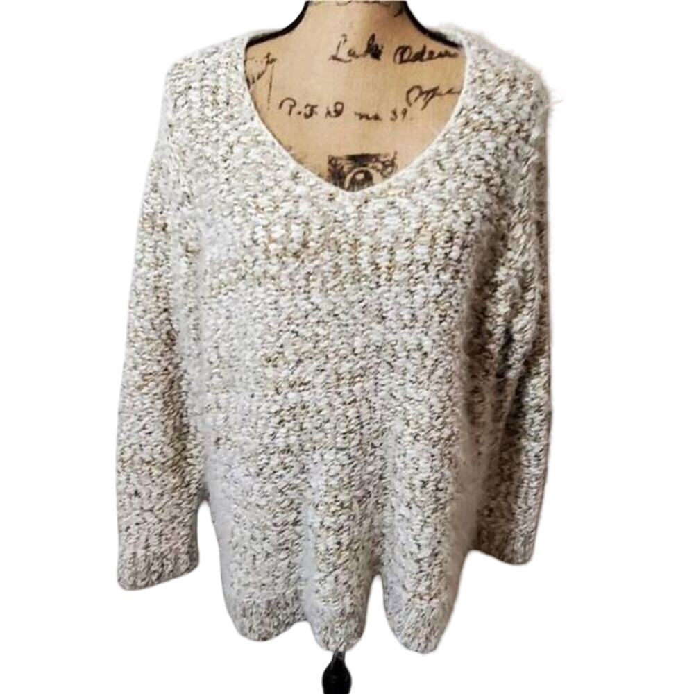 Lane Bryant Cream Gold Metallic Eyelash Knit V-Neck Sweater Womens 14/16 - Picture 2 of 7